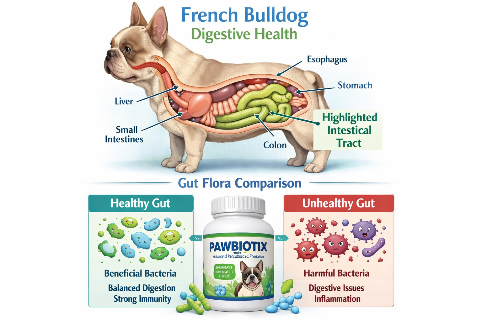 Portrait format (1024x1536) infographic showing French Bulldog digestive system cross-section with highlighted intestinal tract, probiotic b
