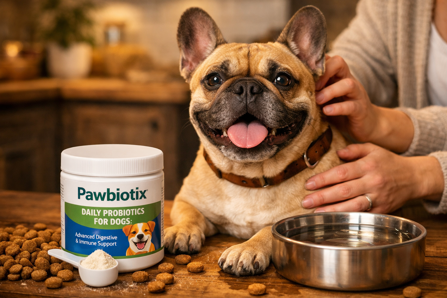 Portrait format (1024x1536) lifestyle image of happy French Bulldog sitting beside Pawbiotix probiotic container with measuring spoon, surro