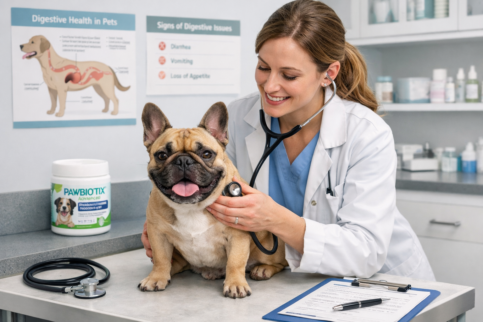 Portrait format (1024x1536) veterinary consultation scene showing professional vet examining French Bulldog on examination table, Pawbiotix