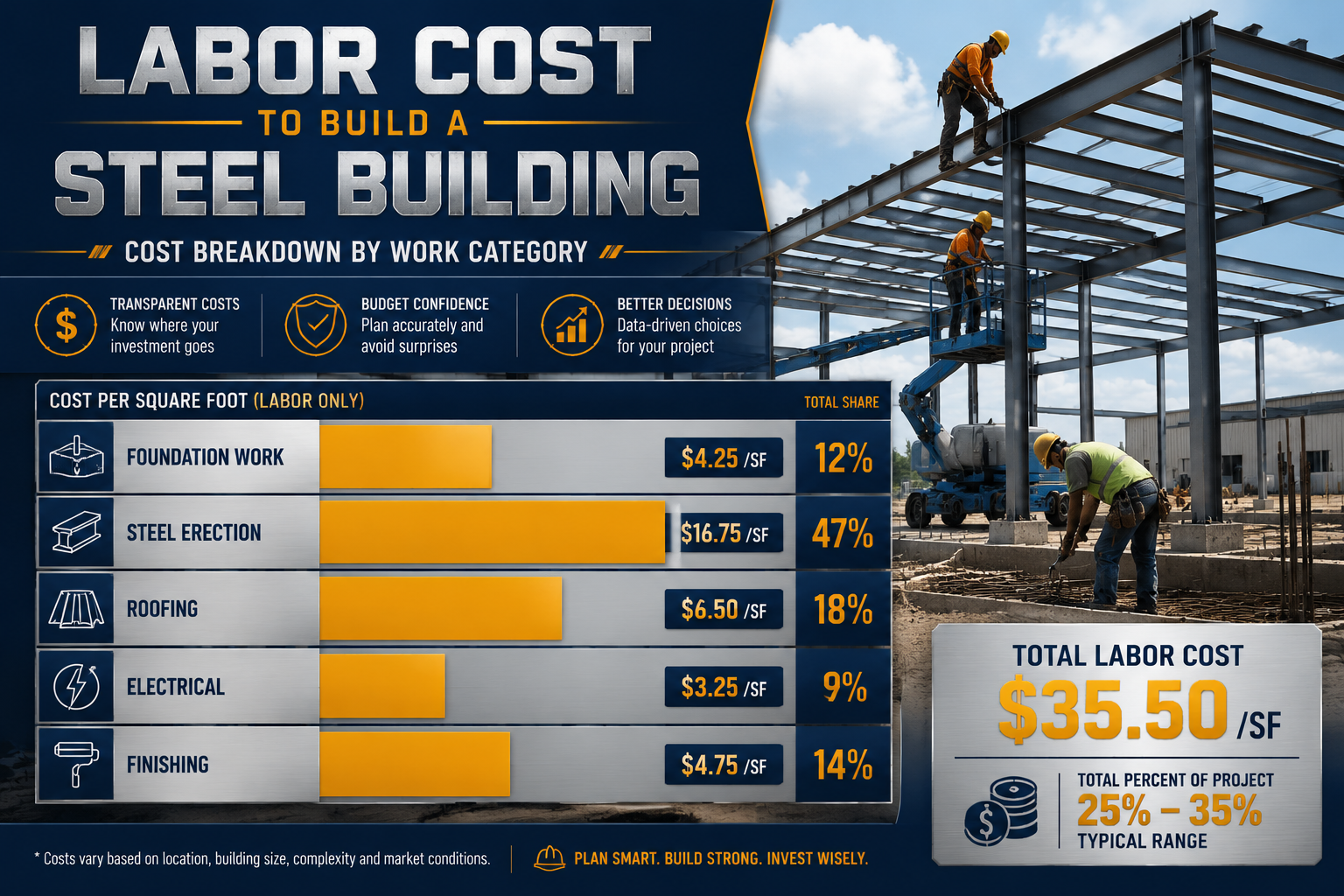 Detailed () infographic-style illustration showing a cost breakdown chart for steel building labor: horizontal bar graph