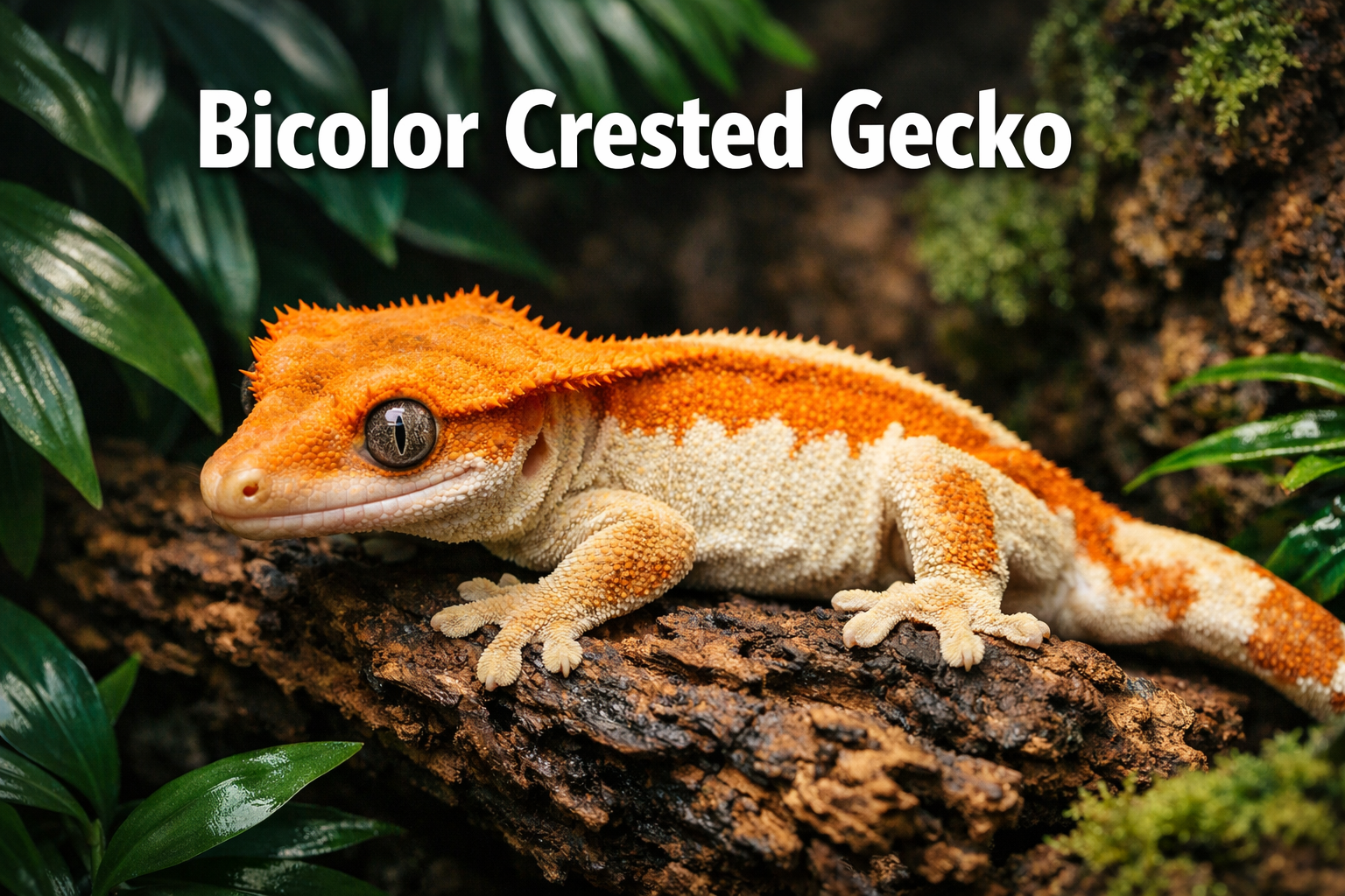 Professional landscape format (1536x1024) hero image featuring bold text overlay 'Bicolor Crested Gecko' in extra large 70pt white sans-seri