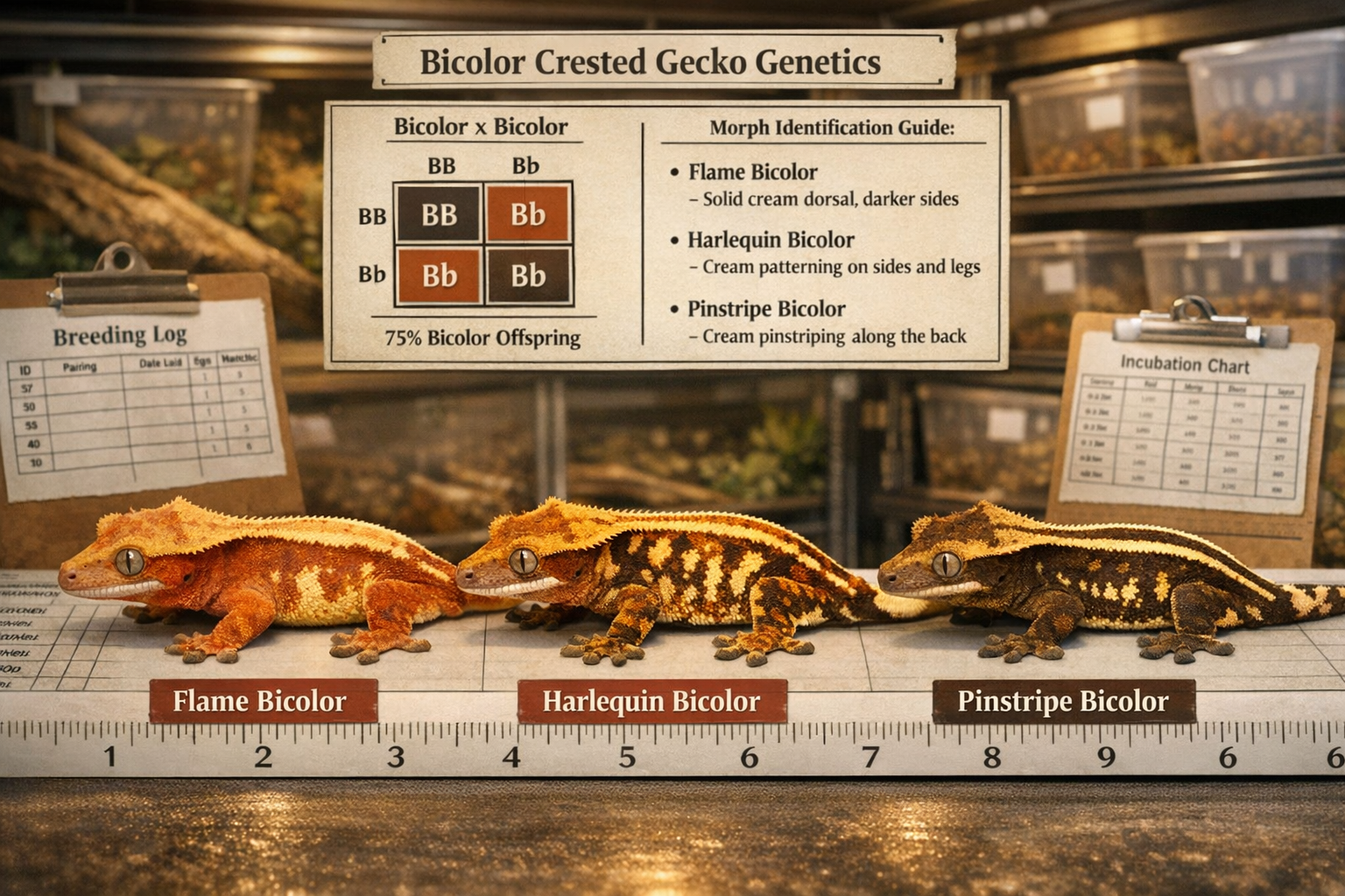 Detailed landscape format (1536x1024) image showing side-by-side comparison of different bicolor crested gecko morphs with clear color patte