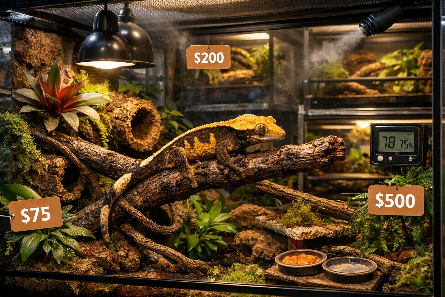 Professional landscape format (1536x1024) image of premium terrarium setup specifically designed for bicolor crested geckos, showing multi-l
