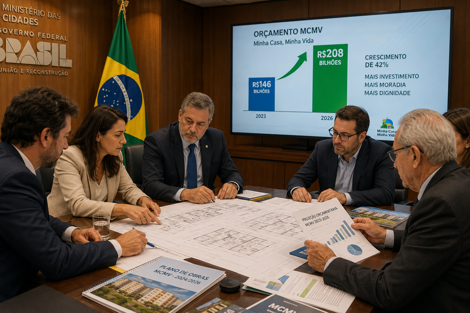 Wide-angle editorial photograph of Brazilian federal government officials and housing developers reviewing large