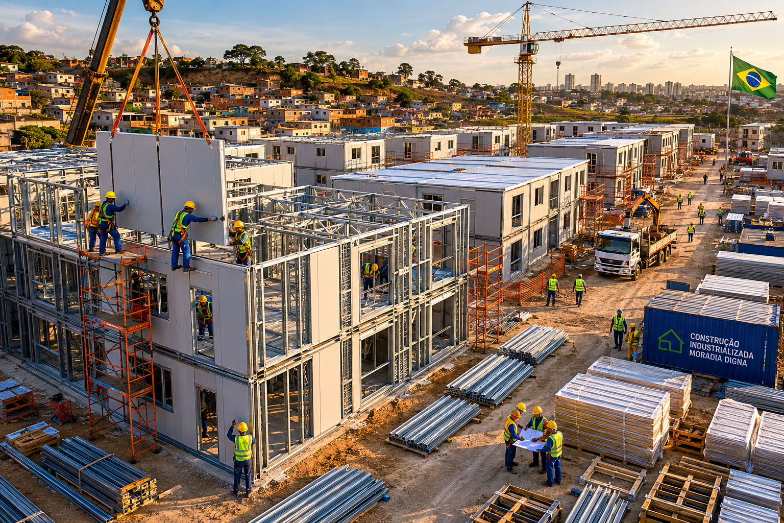 Aerial drone perspective of a modular prefabricated low-income housing construction site in Brazil, showing steel frame