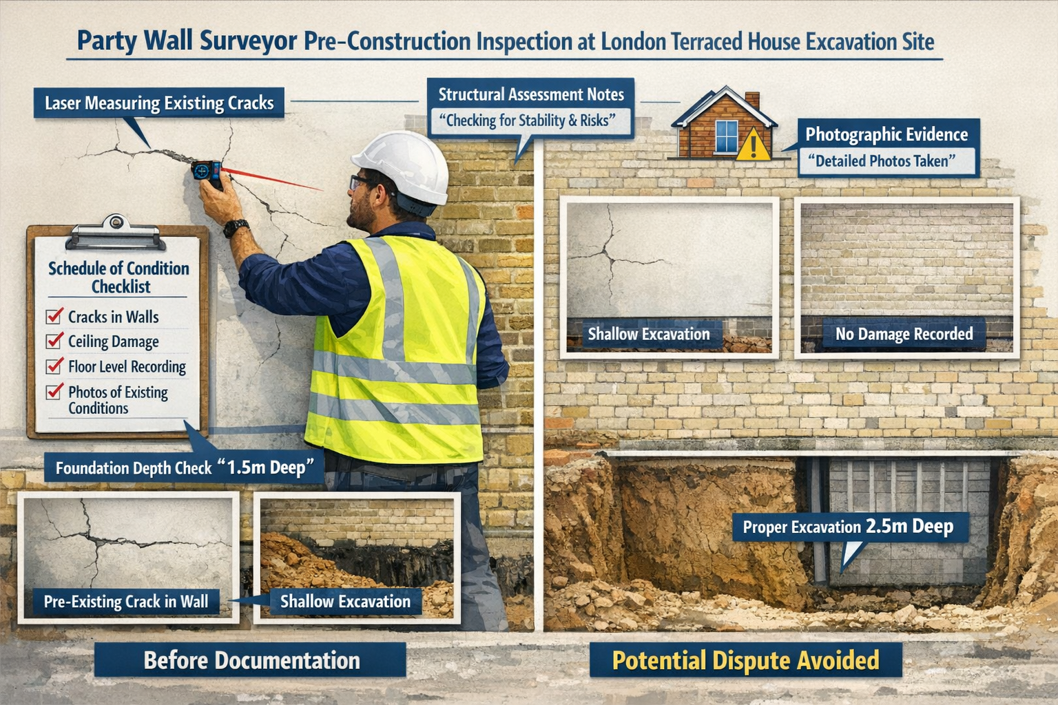 () detailed infographic showing party wall surveyor conducting pre-construction inspection at London terraced house