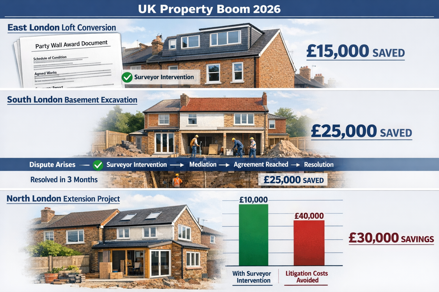 () comparative visual case study showing three distinct UK property scenarios from 2026 housing boom. Top panel: East London
