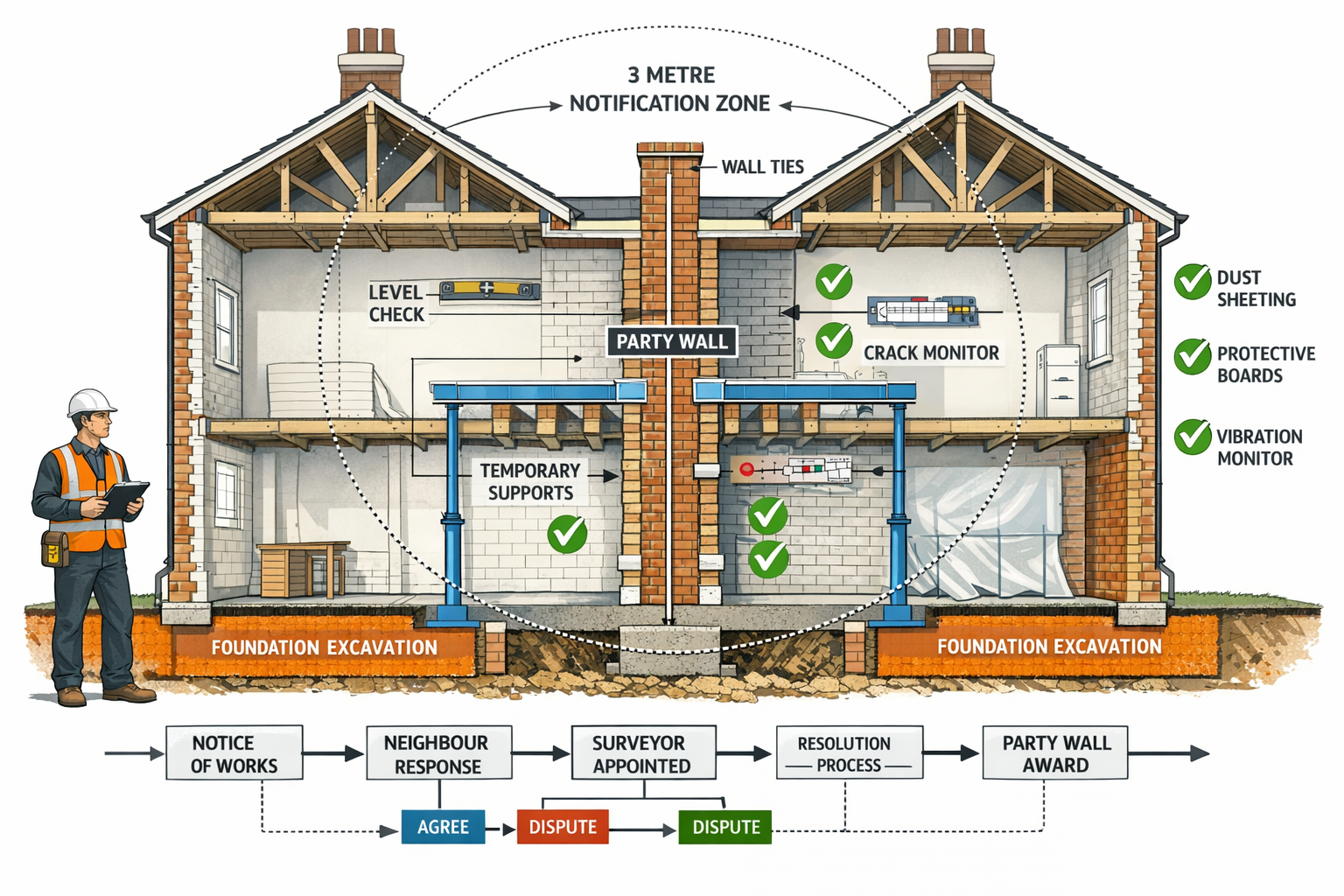 () detailed cross-section technical illustration of UK terraced house showing party wall structure with multiple annotation