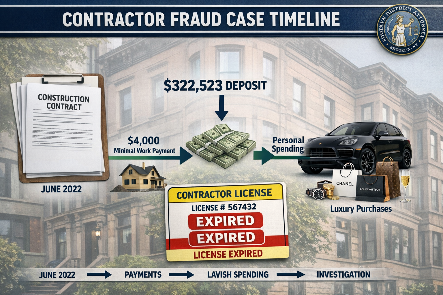 Landscape format (1536x1024) professional infographic-style image showing timeline of contractor fraud case, visual elements include constru