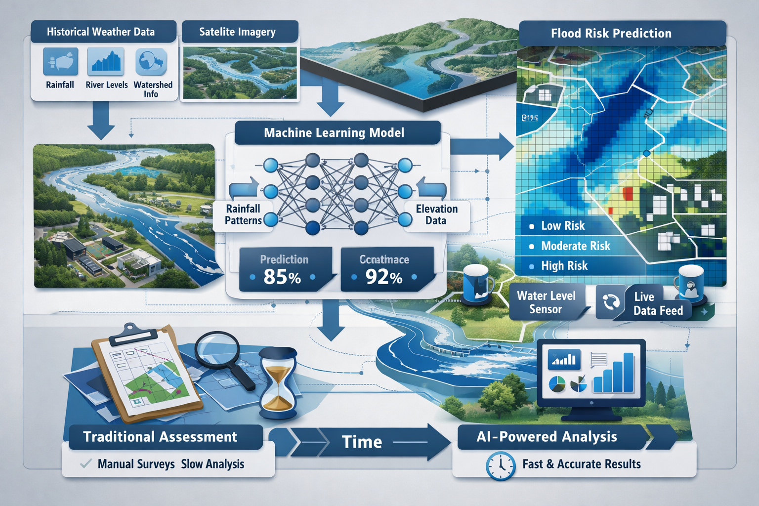 Detailed landscape format (1536x1024) illustration showing machine learning workflow for flood prediction, featuring layered infographic wit