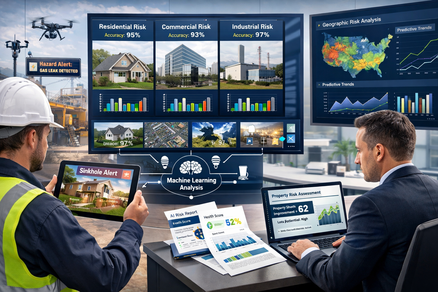 Detailed landscape format (1536x1024) composite image showing real-world implementation of property risk prediction systems in 2026, featuri