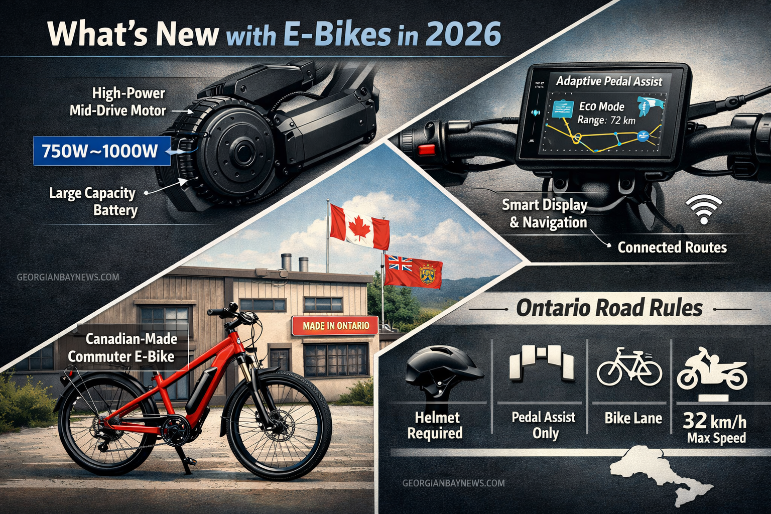 Professional editorial infographic-style image illustrating What’s New with e-bikes in 2026. Use a diagonal split