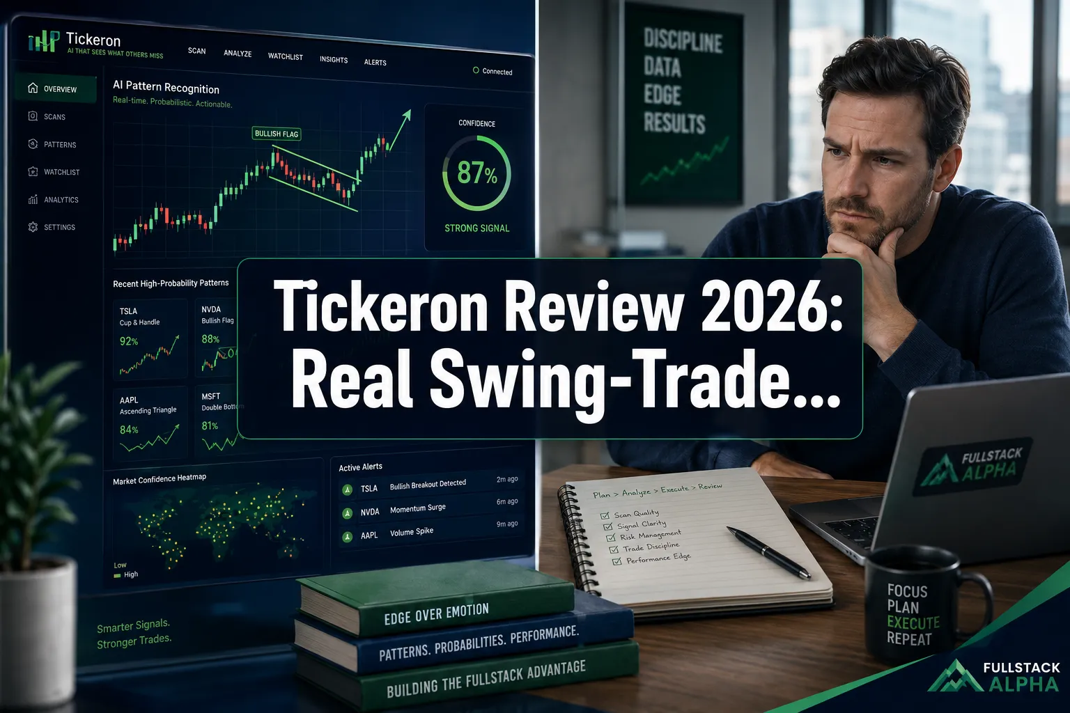 Professional () hero image with 'Tickeron Review 2026: Real Swing-Trade…' (≤42 chars) in crisp white on a dark