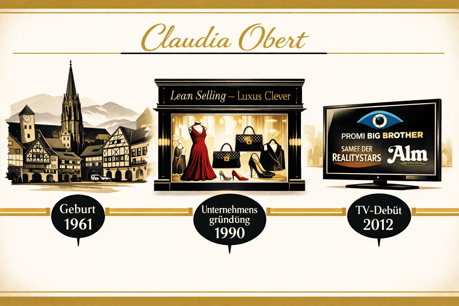 Claudia Obert Vermögen und Biographie - Die Selfmade Queen 1 () editorial illustration showing a timeline infographic of Claudia Obert's life milestones from 1961 to 2026. Left side: