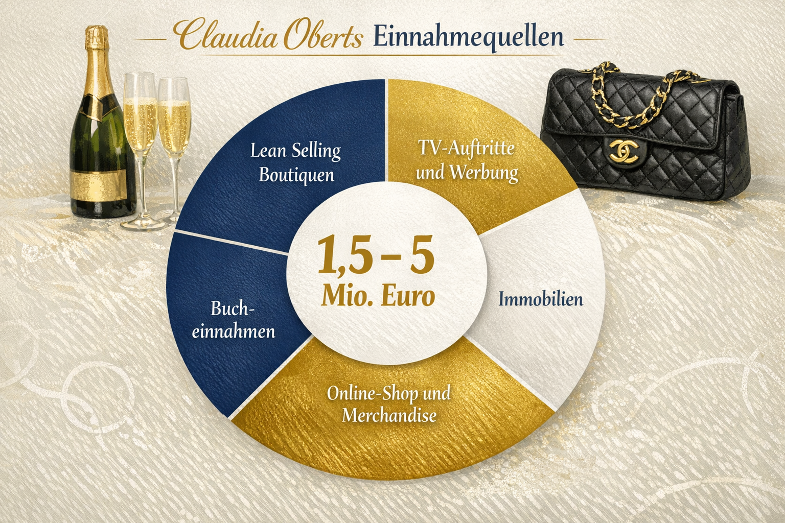 Claudia Obert Vermögen und Biographie - Die Selfmade Queen 2 () financial infographic showing Claudia Obert's income streams as a professional pie chart with German labels: 'Lean