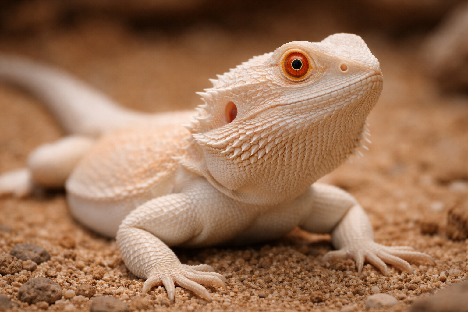 Detailed close-up photograph of a witblit bearded dragon showing the distinctive pale, translucent scales and reduced melanin characteristic