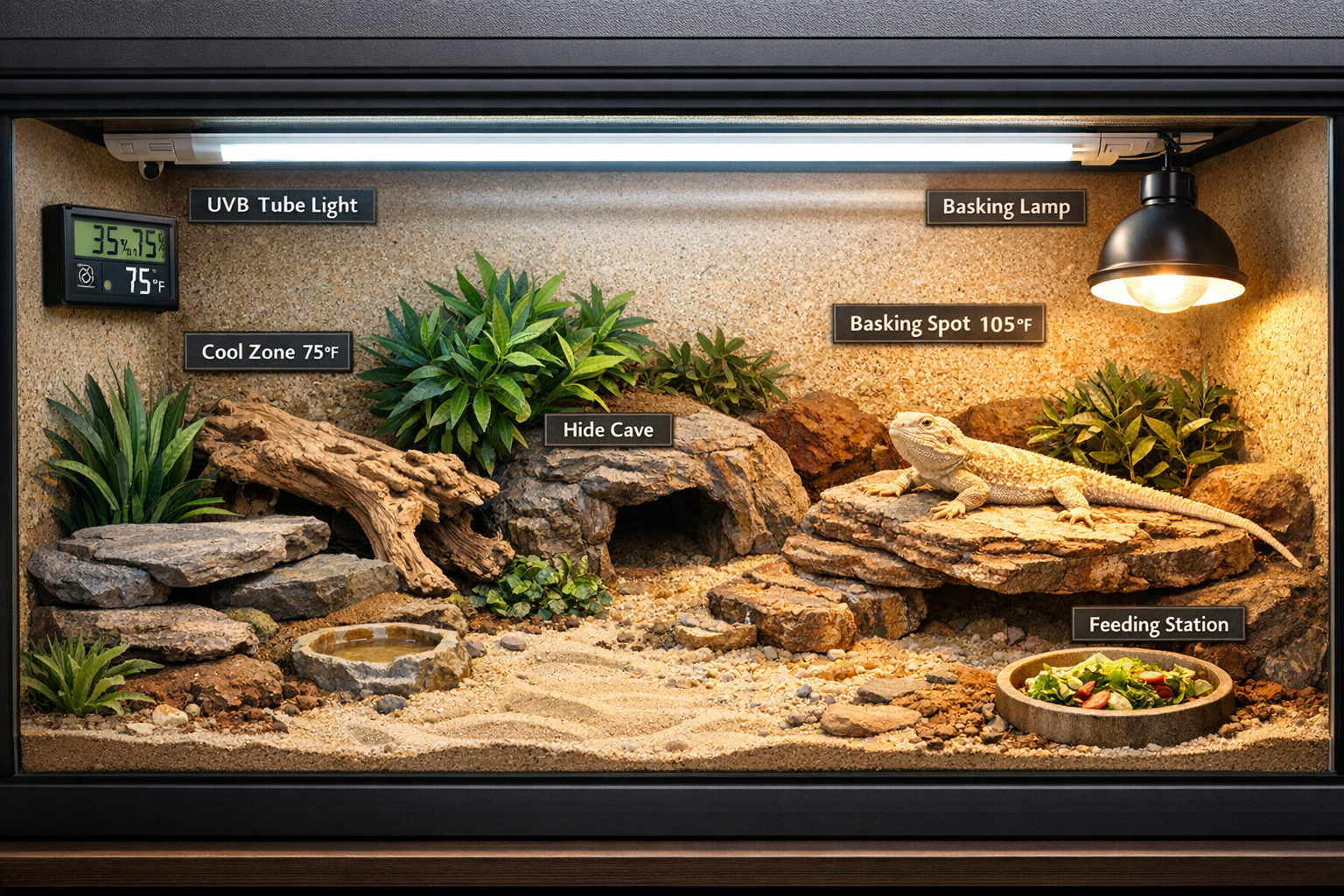 Professional terrarium setup specifically designed for witblit bearded dragons, showing proper UVB lighting placement, temperature gradient 