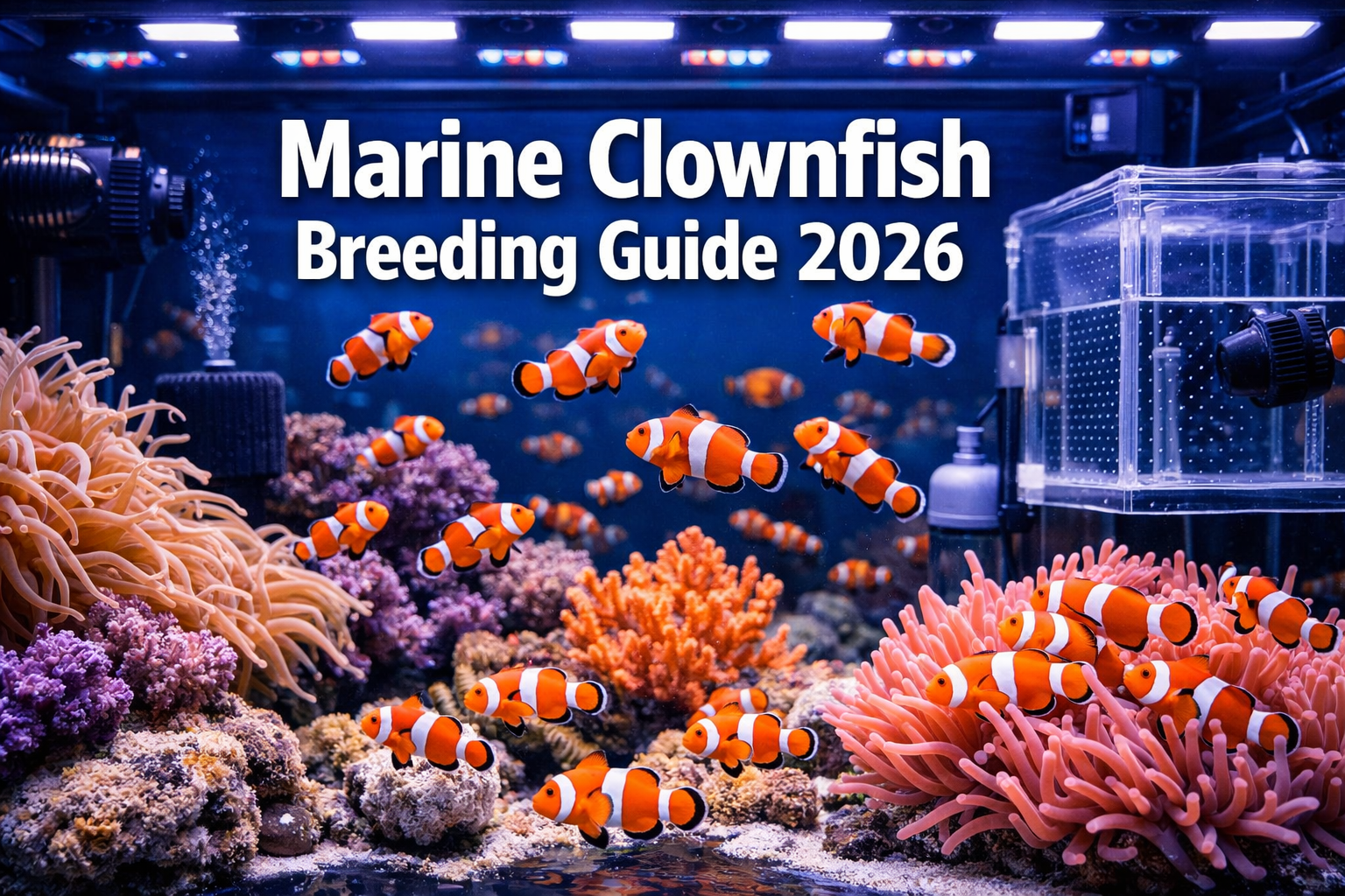 Professional landscape hero image (1536x1024) featuring bold text overlay 'Marine Clownfish Breeding Guide 2026' in extra large 72pt white s