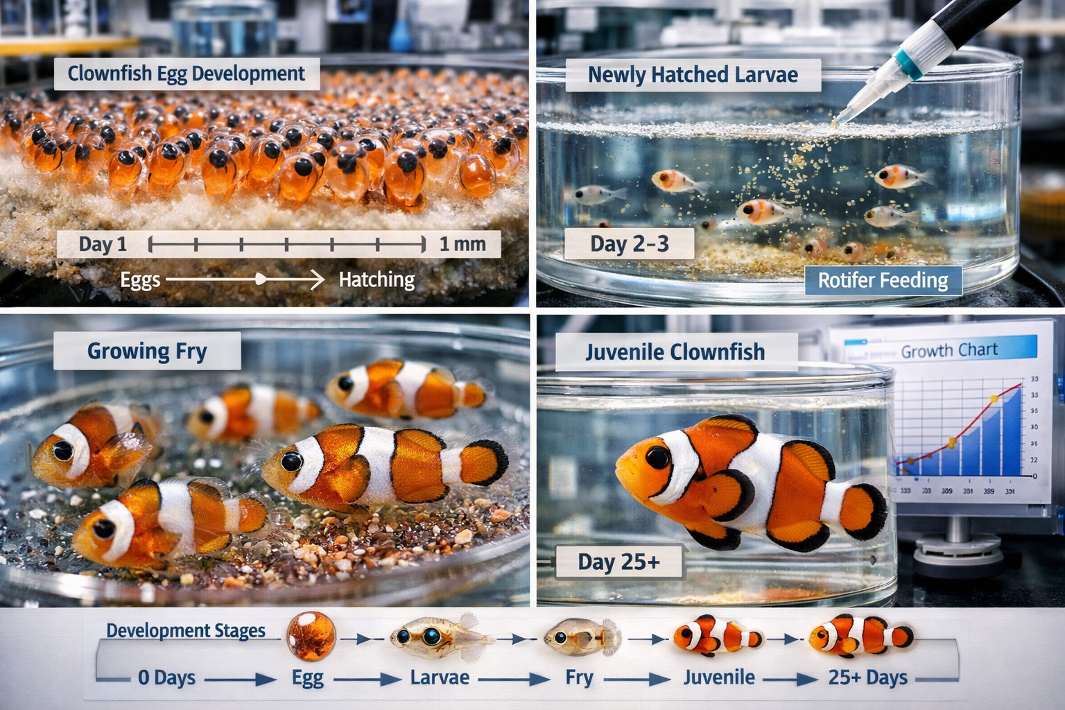 Close-up macro photography of clownfish fry development stages from eggs to juvenile fish, showing different growth phases in separate conta