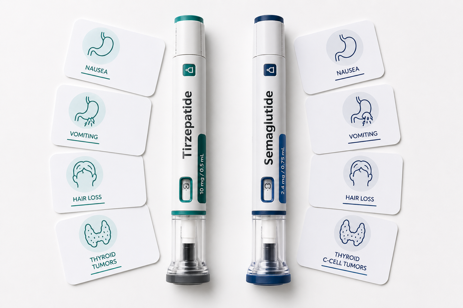 Detailed () comparison scene: a clean flat-lay overhead shot of two medical injection pens side by side on a white surface,