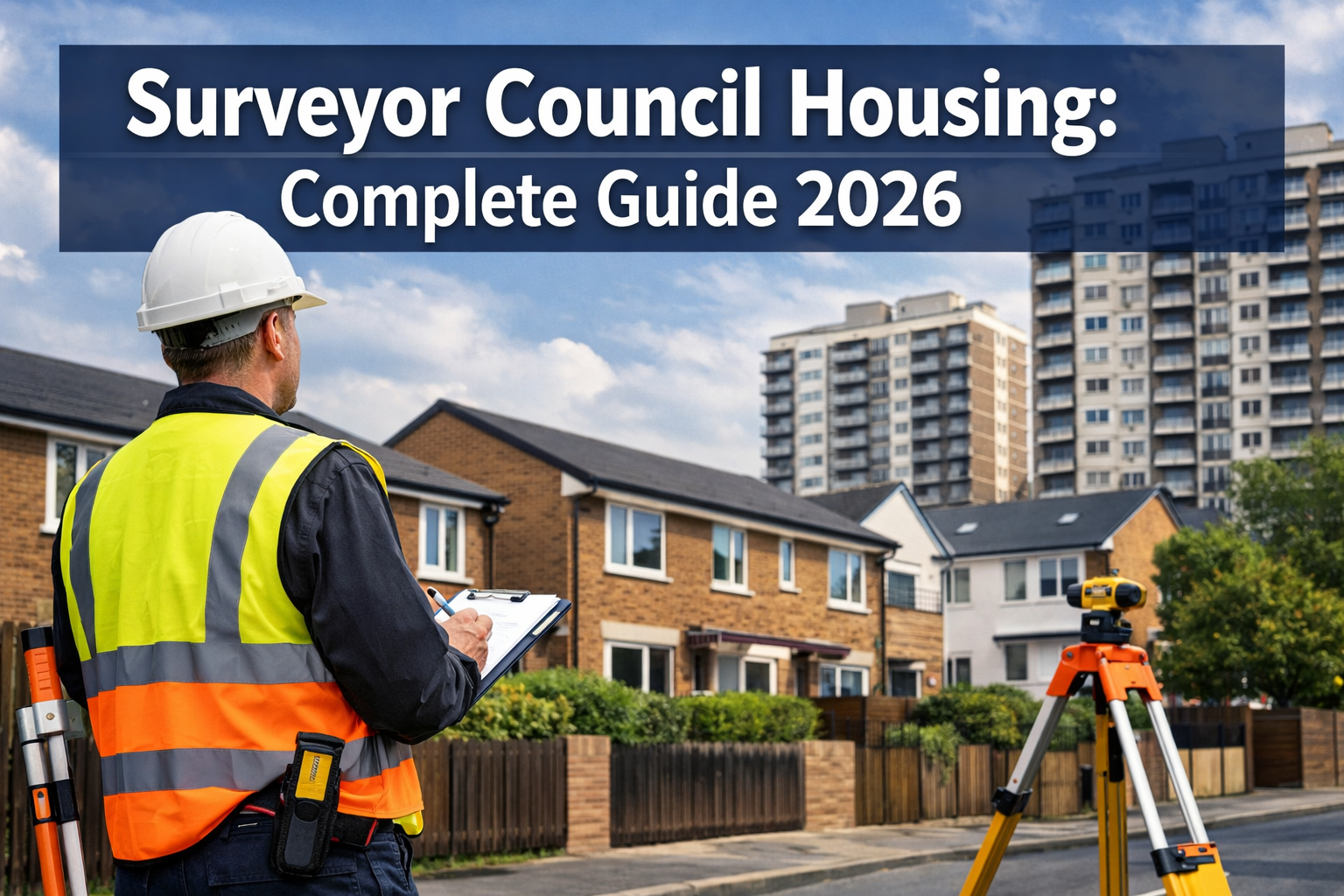 Professional landscape hero image (1536x1024) featuring bold text overlay 'Surveyor Council Housing: Complete Guide 2026' in extra large 72p