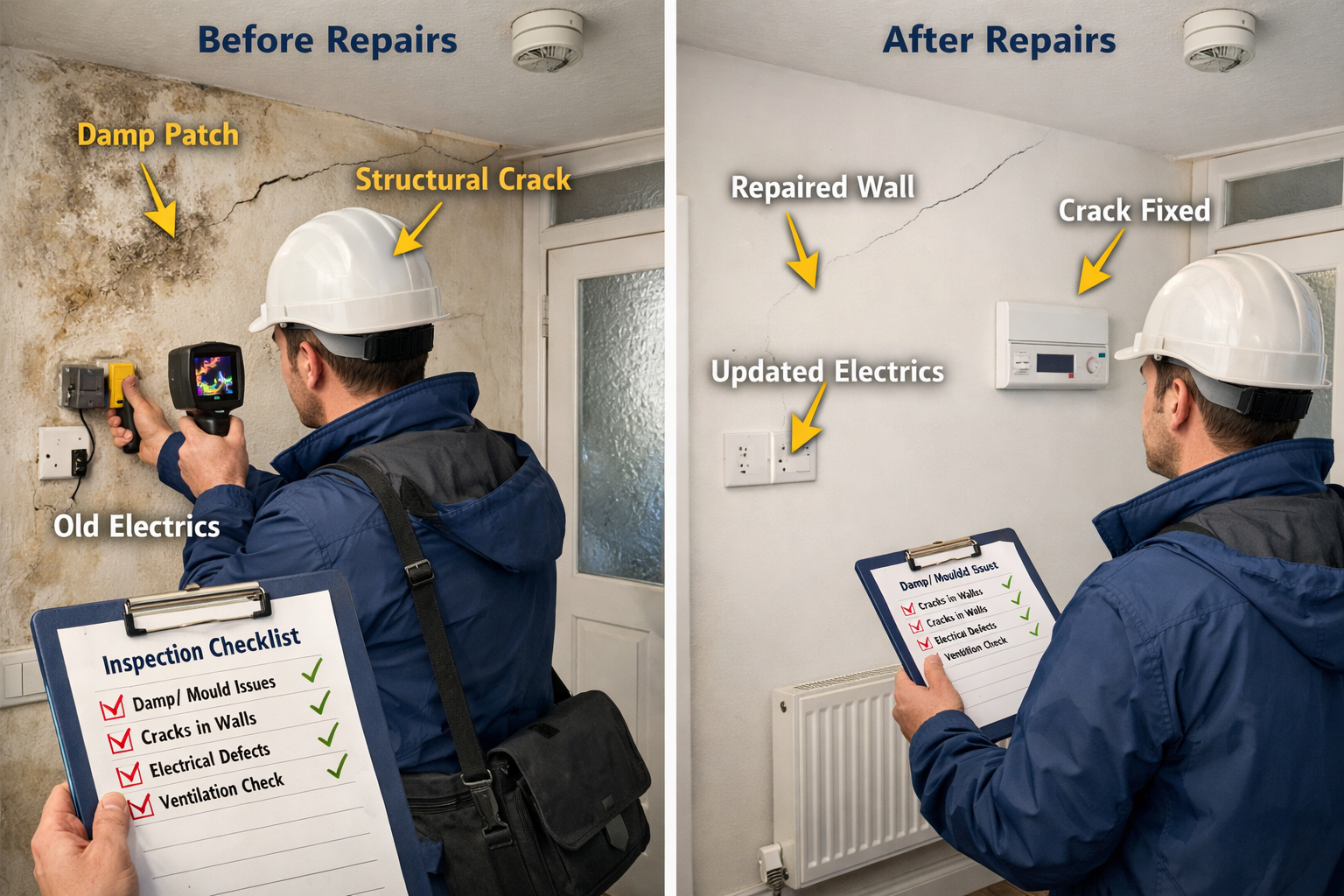 Detailed landscape editorial image (1536x1024) showing professional surveyor conducting thorough inspection of council housing property inte