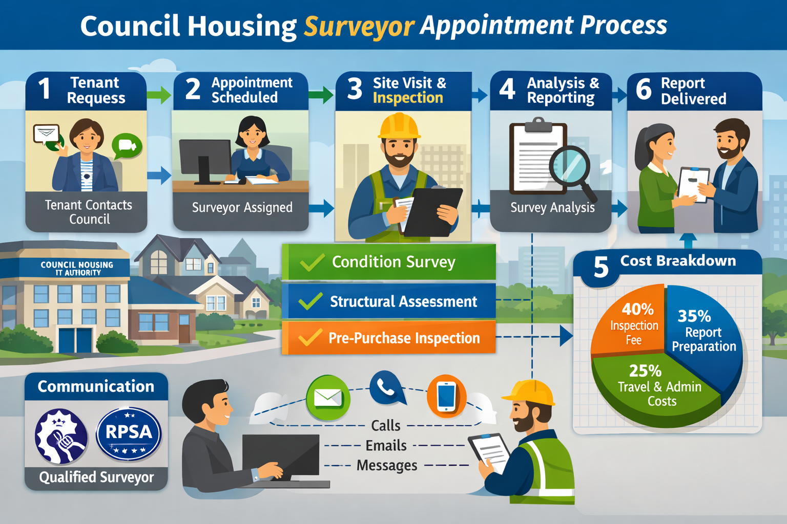 Comprehensive landscape infographic image (1536x1024) displaying the complete council housing surveyor appointment process as flowchart with