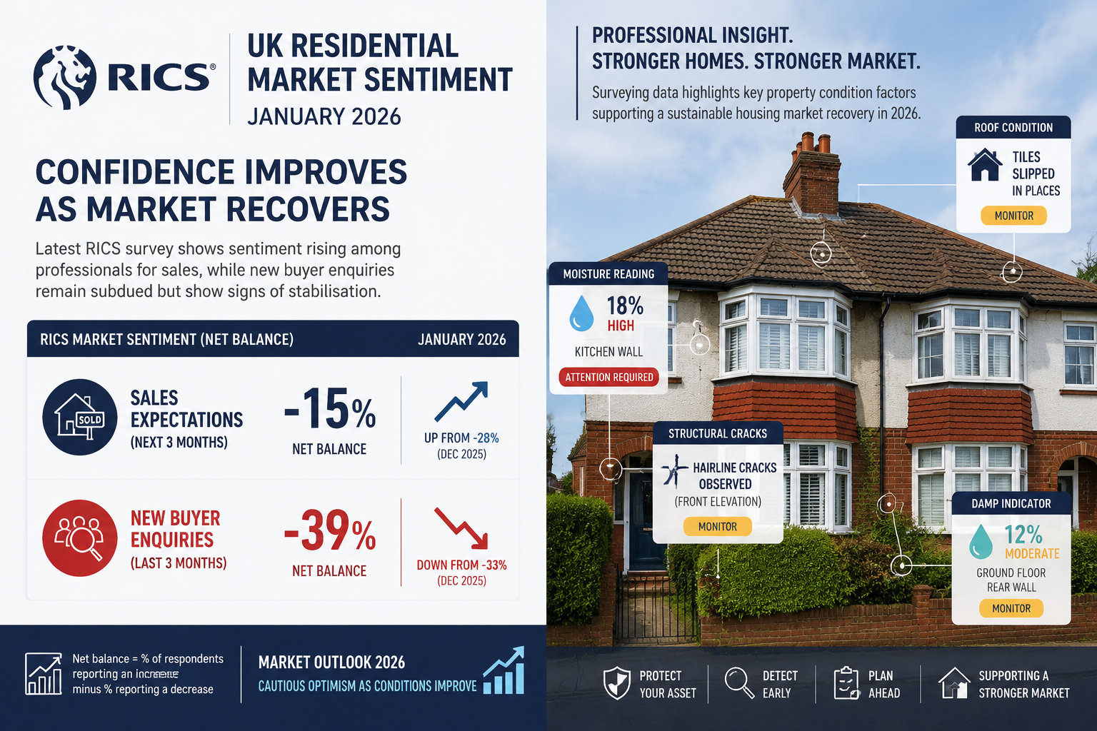Wide-angle () editorial infographic showing a split-screen composition: left side displays a RICS sentiment chart with