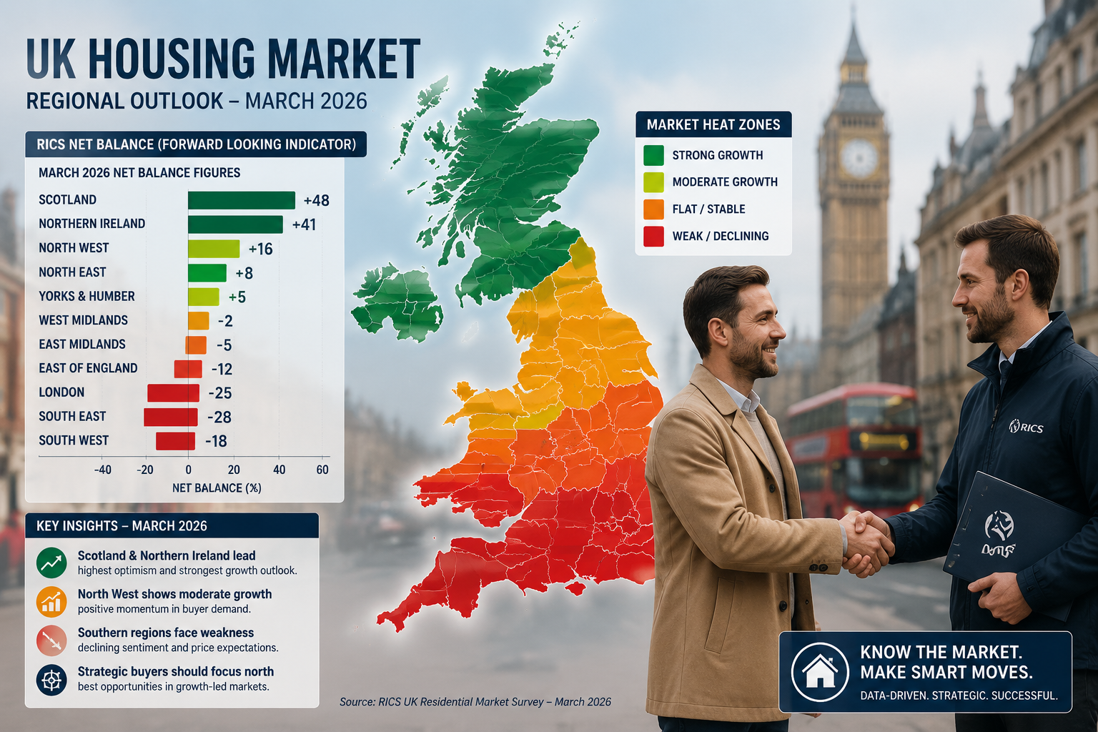 () showing a dynamic regional UK map of England and Scotland with colour-coded housing market heat zones — deep green for