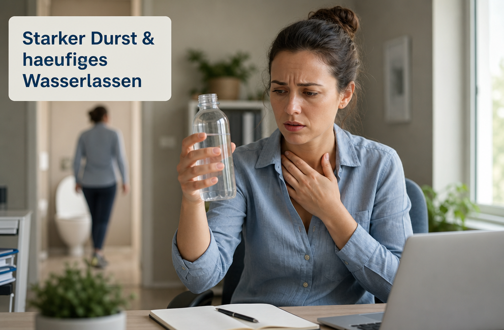 Ein detailliertes Bild im Querformat (), das eine junge oder mittelalte Person zeigt, die besorgt auf eine Wasserflasche