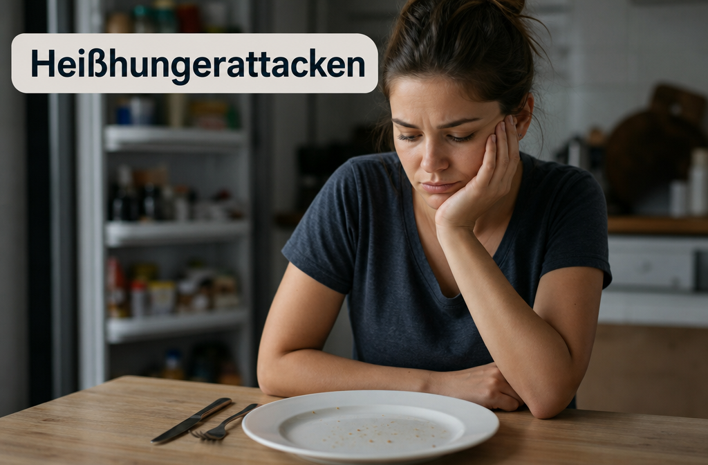 Ein redaktionelles Bild im Querformat (), das eine Person zeigt, die eine Mahlzeit beendet hat und immer noch Hunger