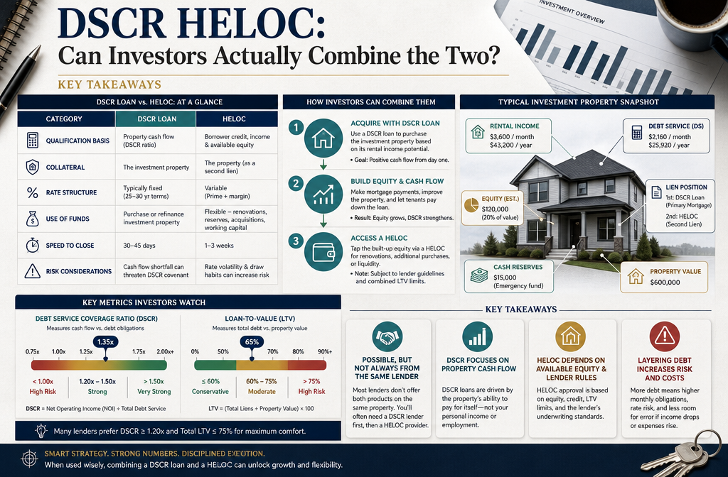Professional infographic for article "DSCR HELOC: Can Investors Actually Combine the Two?", section: "Key Takeaways".