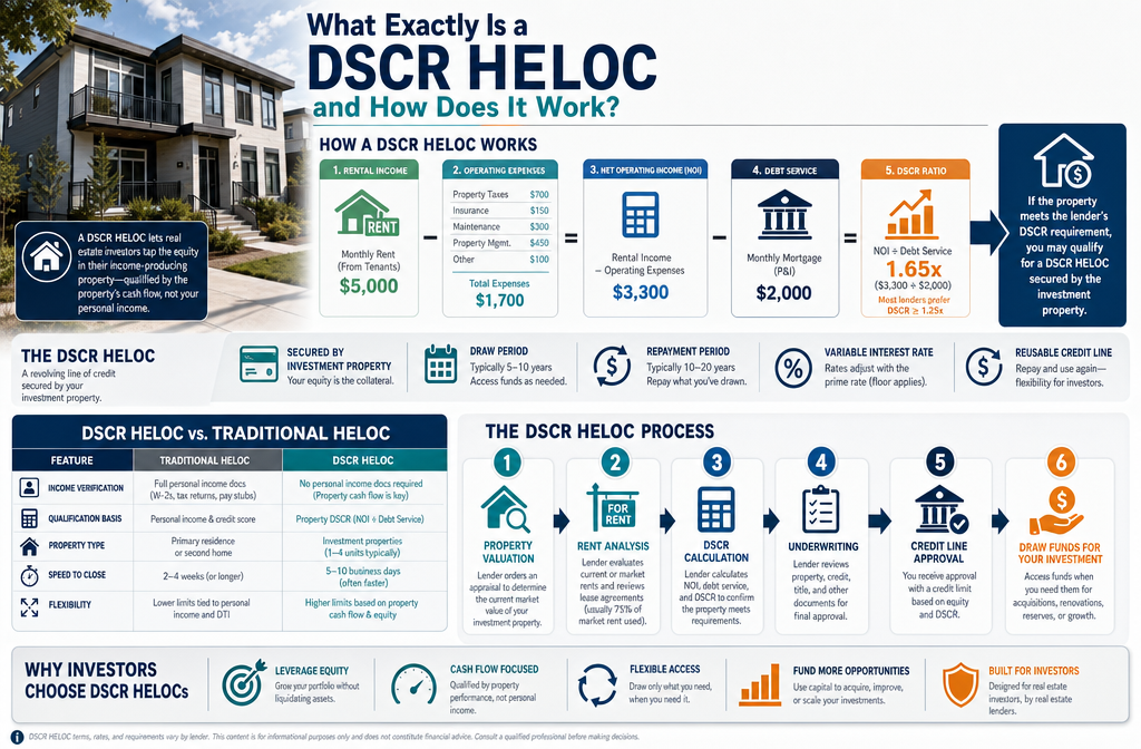 Professional infographic for article "DSCR HELOC: Can Investors Actually Combine the Two?", section: "What Exactly Is a DSCR