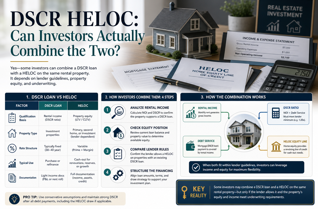 Professional infographic for article "DSCR HELOC: Can Investors Actually Combine the Two?", section: "DSCR HELOC: Can