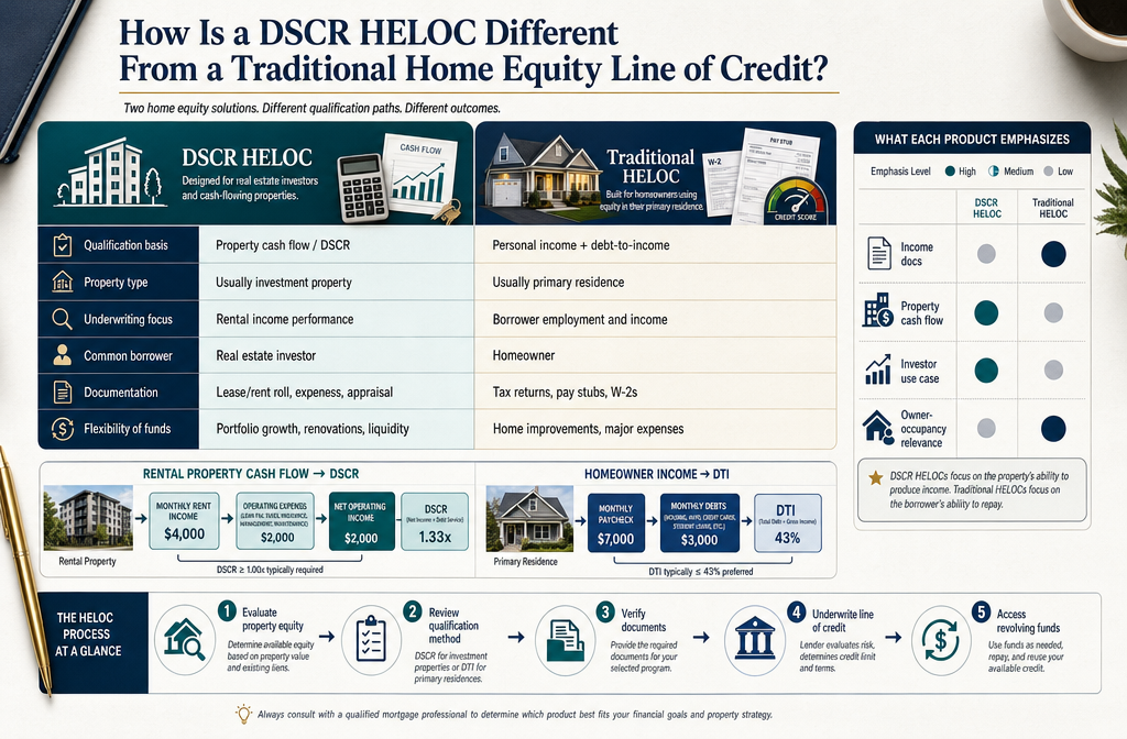 Professional infographic for article "DSCR HELOC: Can Investors Actually Combine the Two?", section: "How Is a DSCR HELOC