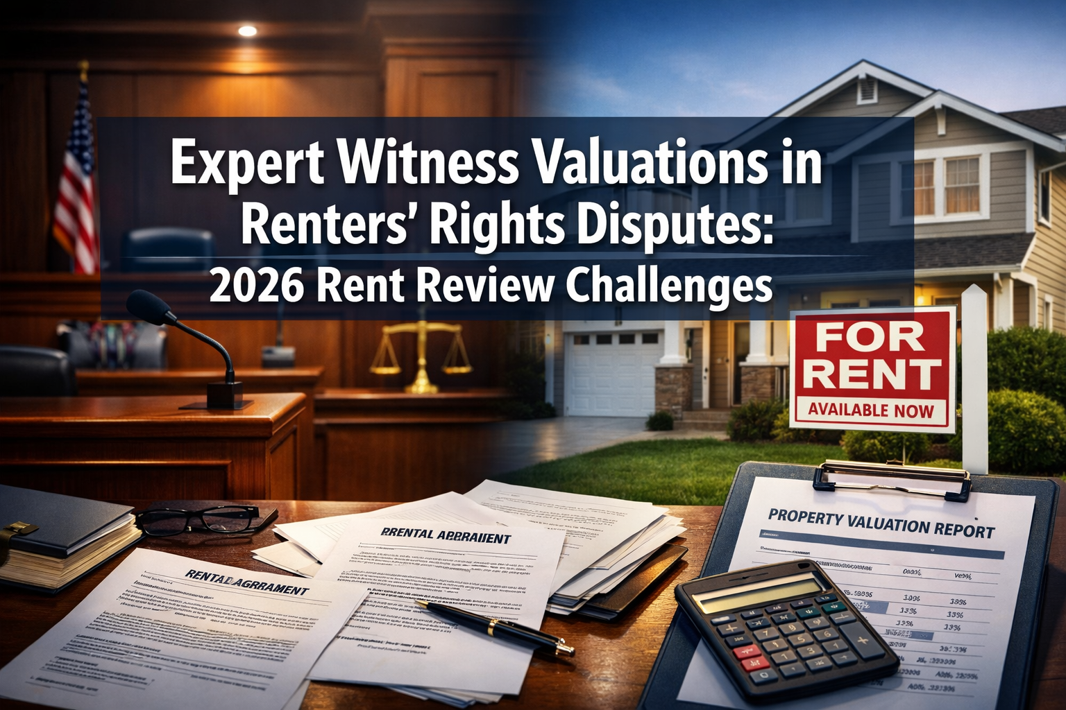 Professional () hero image featuring 'Expert Witness Valuations in Renters' Rights Disputes: 2026 Rent Review Challenges' in