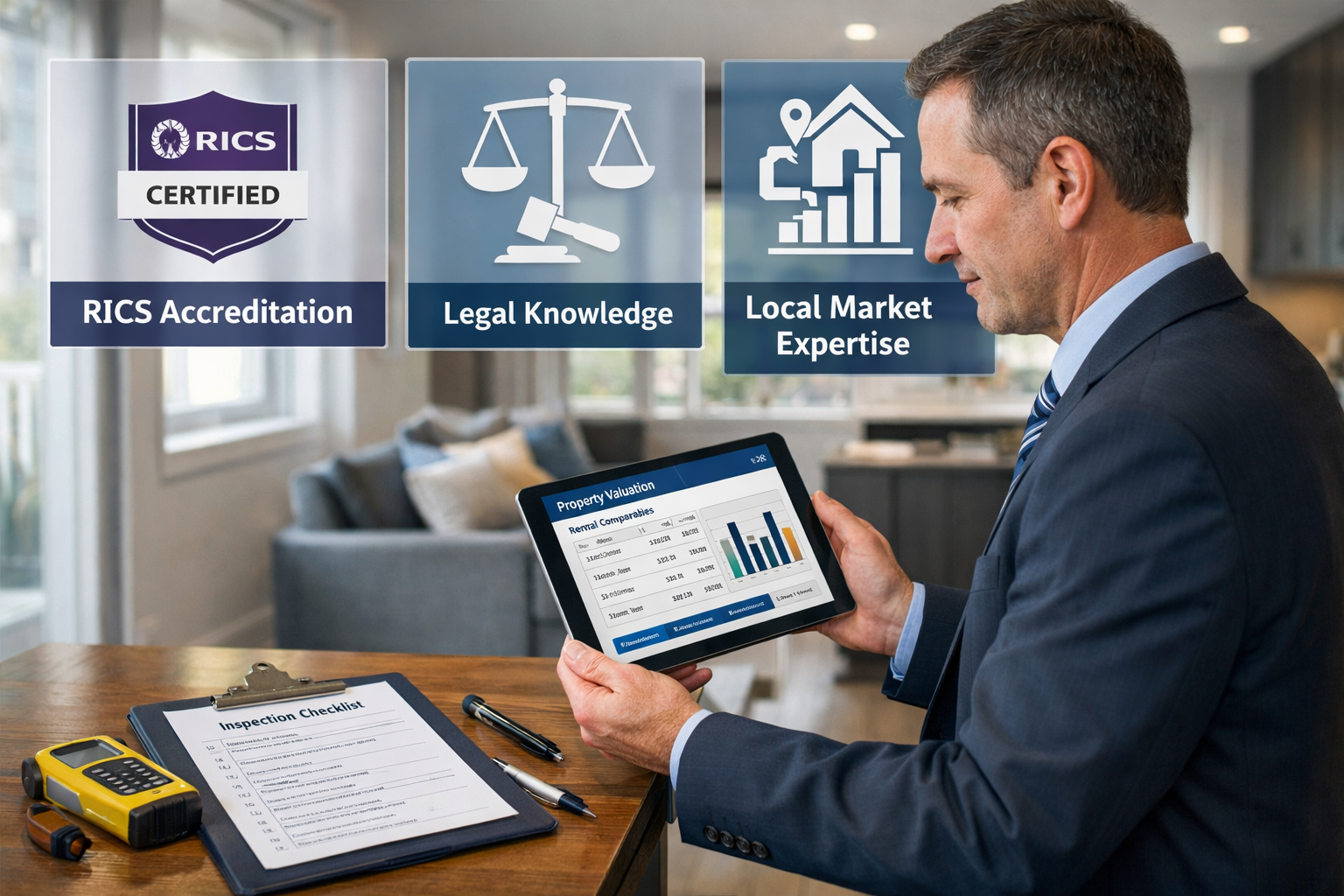 Detailed () image showing professional chartered surveyor in business attire conducting property inspection inside modern