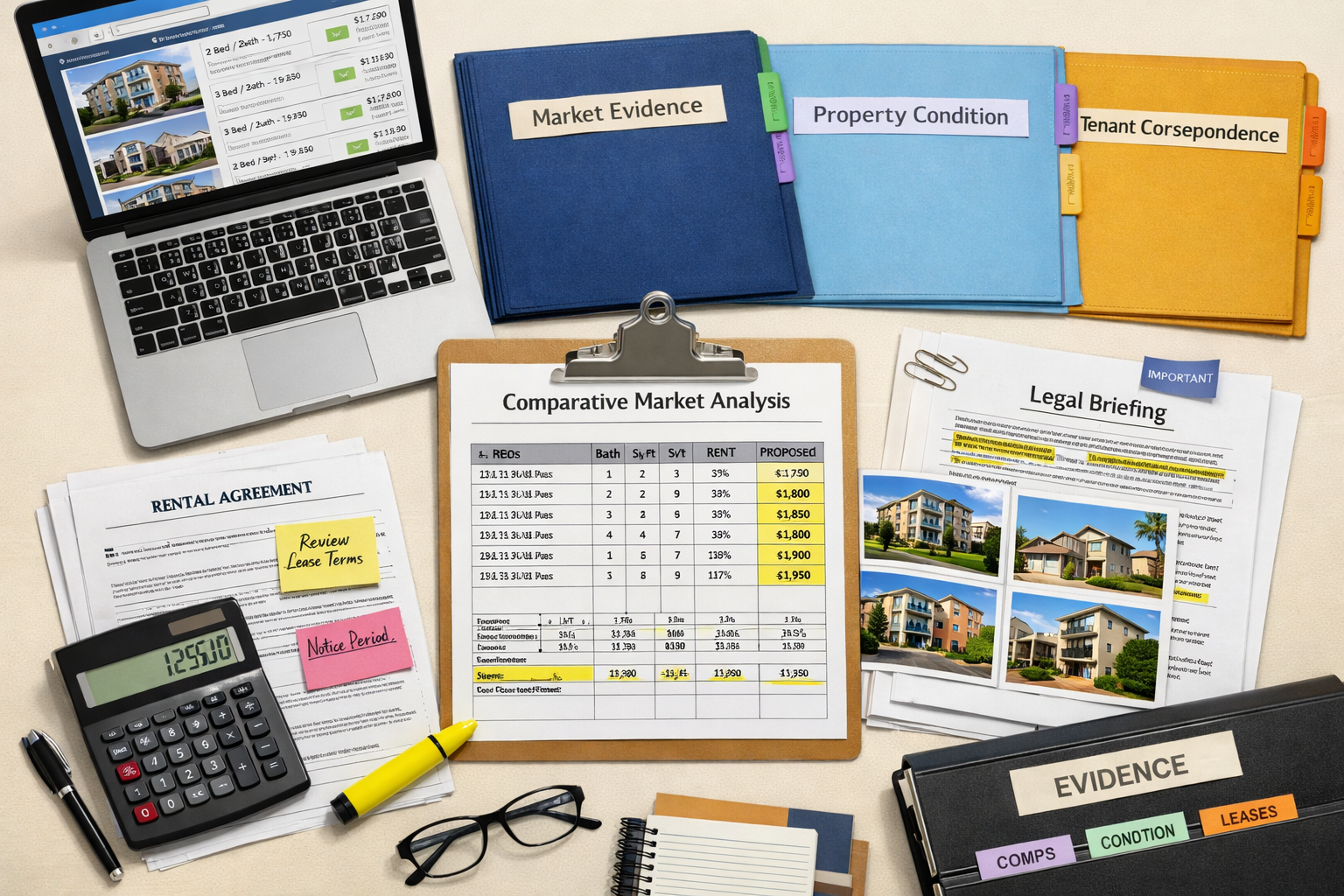 Detailed () image depicting organized desk workspace from overhead perspective showing rent review case documentation spread