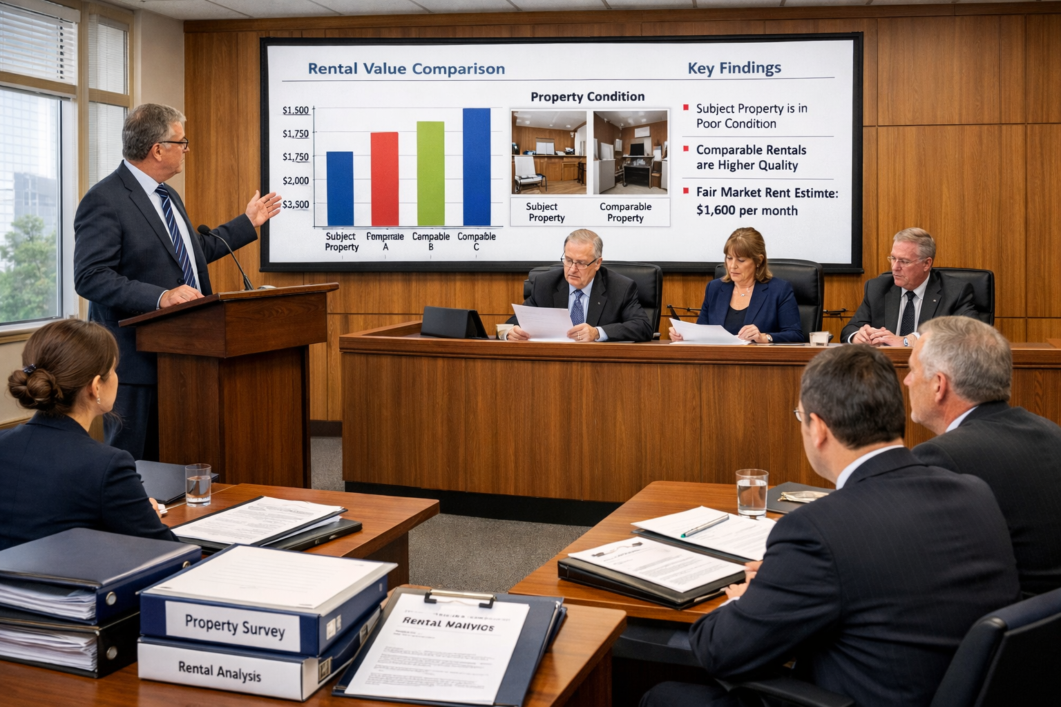 Detailed () image showing modern mediation or hearing room setting with three distinct areas: expert witness presenting