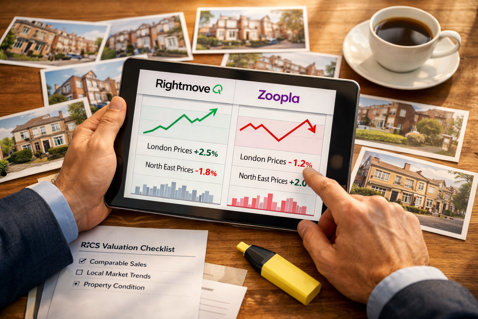() close-up photograph of professional surveyor's hands working on tablet device displaying split-screen comparison of