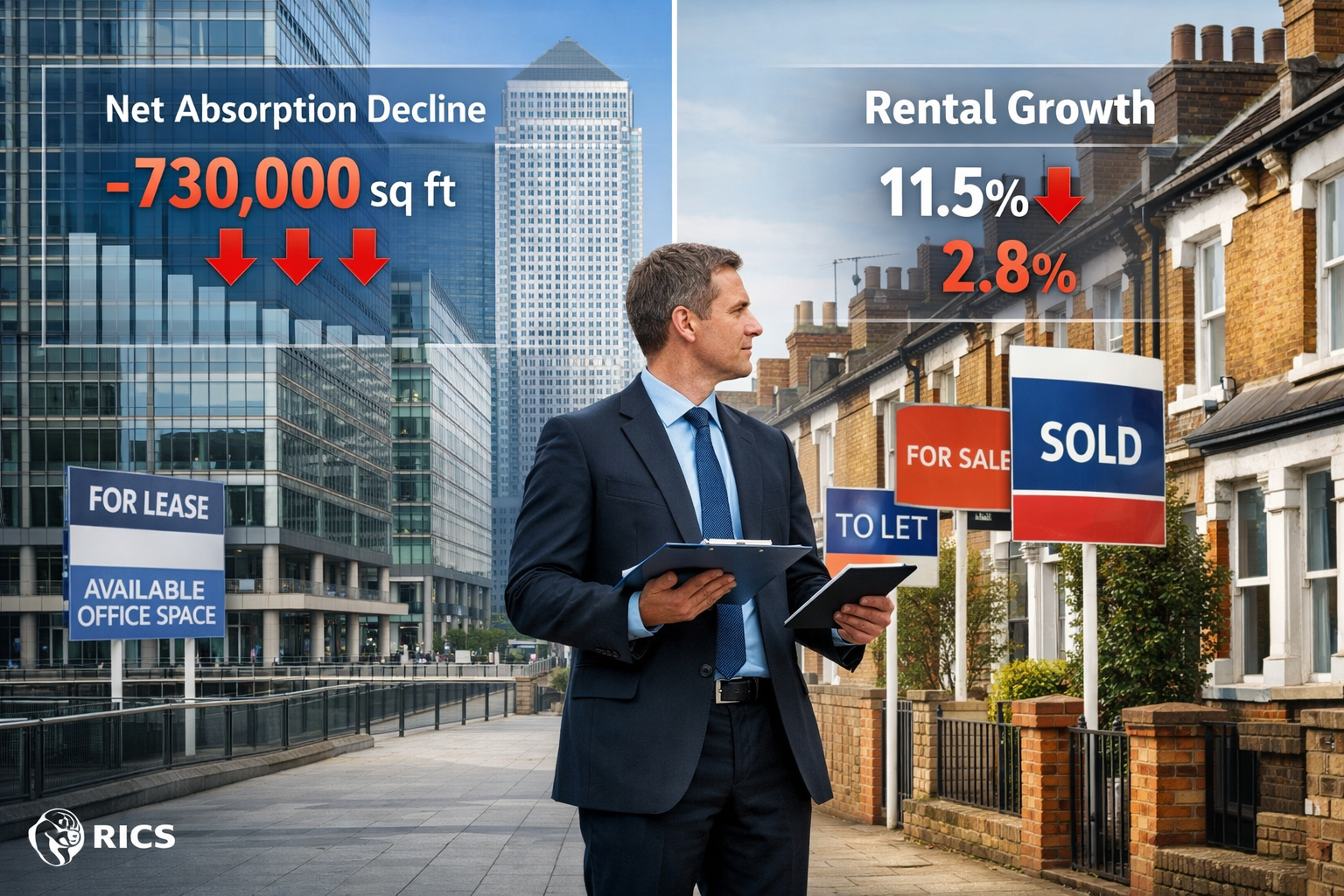 Detailed () image showing split-screen comparison of London property markets: left side displays modern glass office