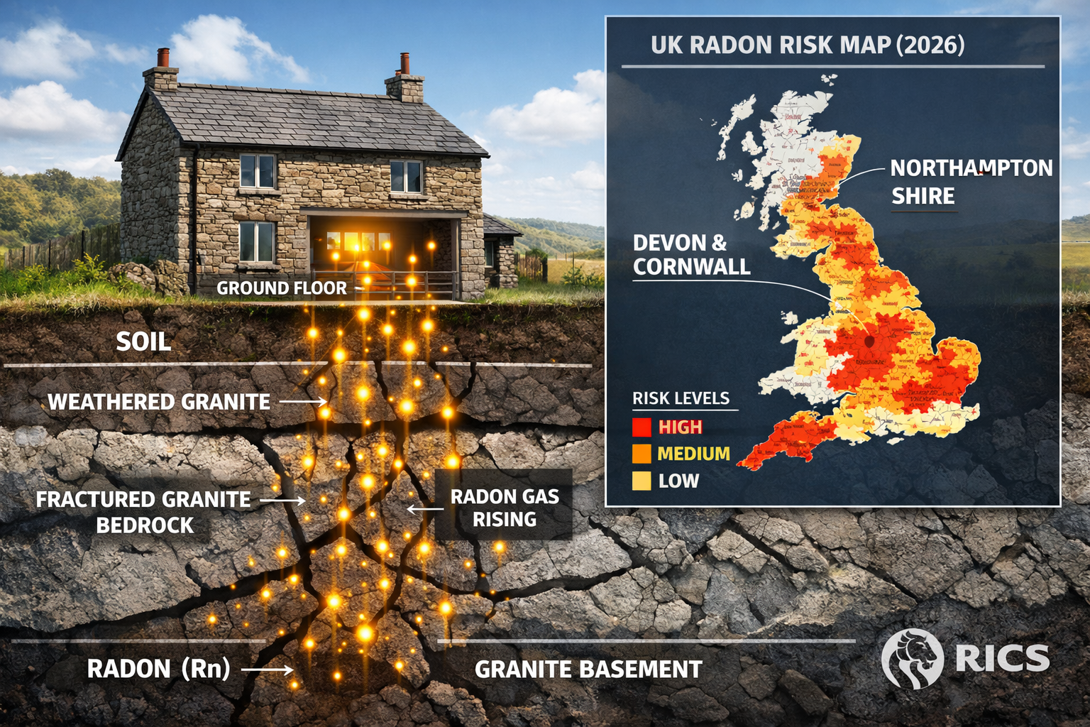 Detailed () infographic-style illustration showing cross-section of UK granite geology beneath a traditional Cornish stone