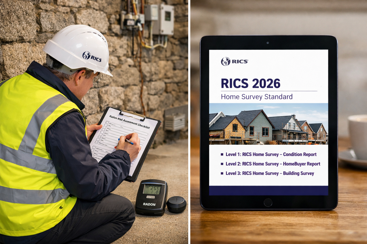 Wide () showing a professional RICS chartered surveyor in hi-vis vest and hard hat conducting a Level 3 building survey