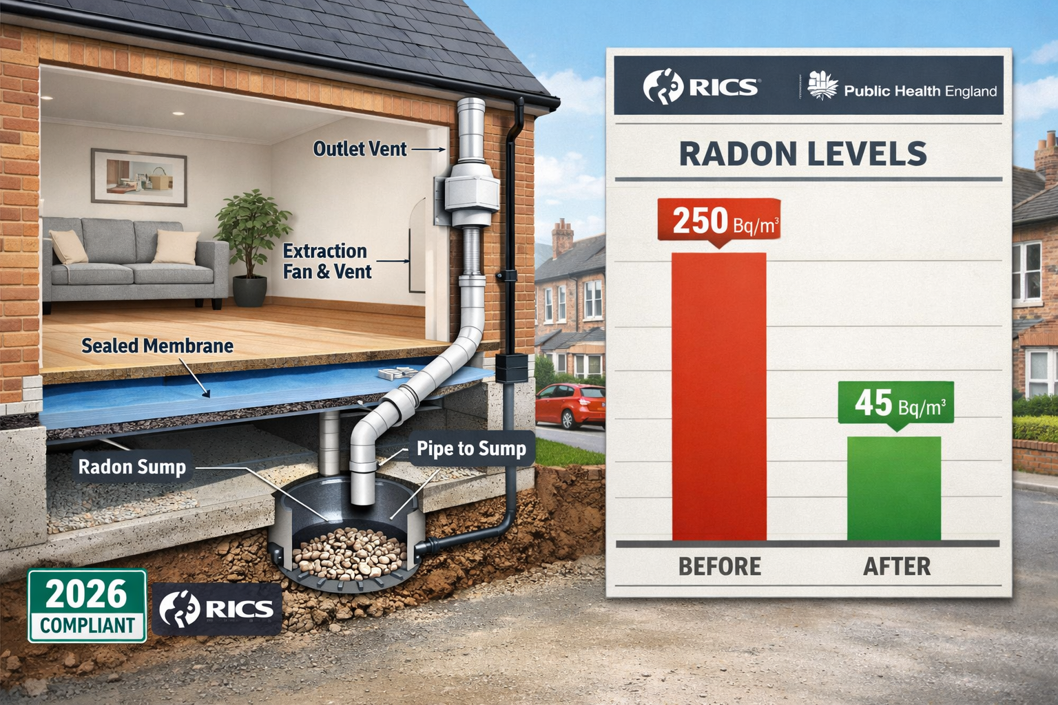 () showing a modern UK home with a radon sump mitigation system installed, cutaway diagram revealing the sub-floor membrane,