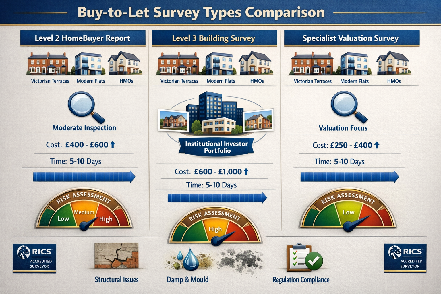() detailed infographic showing comprehensive buy-to-let survey types comparison chart with three columns: Level 2 HomeBuyer