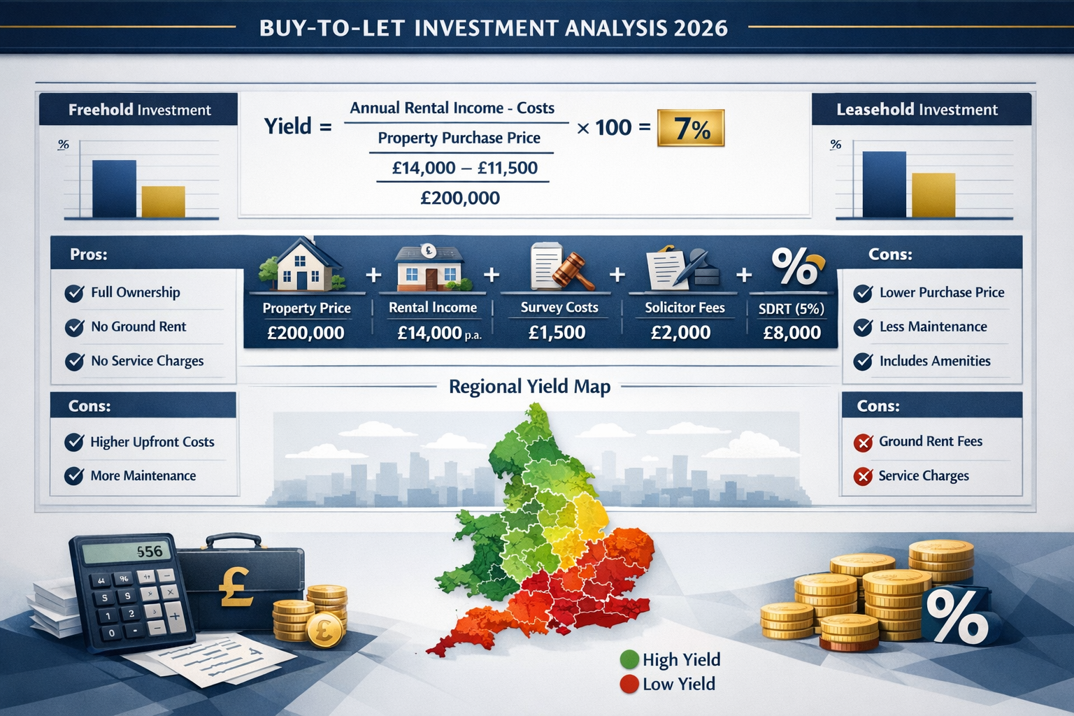() detailed financial analysis dashboard showing buy-to-let investment calculations for 2026. Central focus on yield