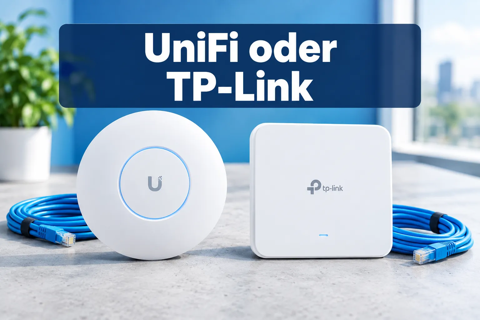 Professional () editorial hero image with SHORT in German: 'UniFi oder TP-Link', crisp white set on a deep navy