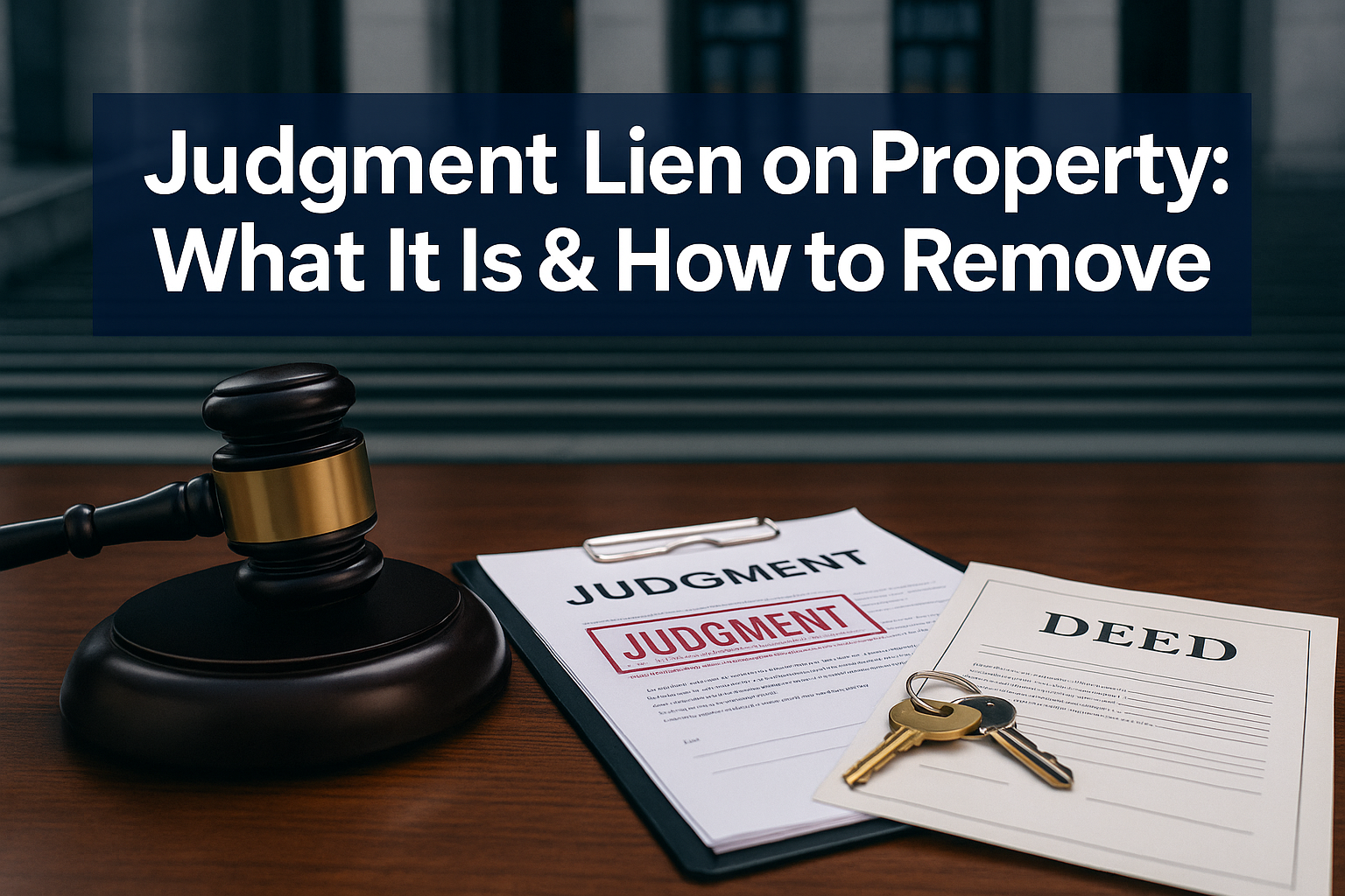 Professional landscape hero image (1536x1024) featuring bold text overlay 'Judgment Lien on Property: What It Is & How to Remove It' in extr