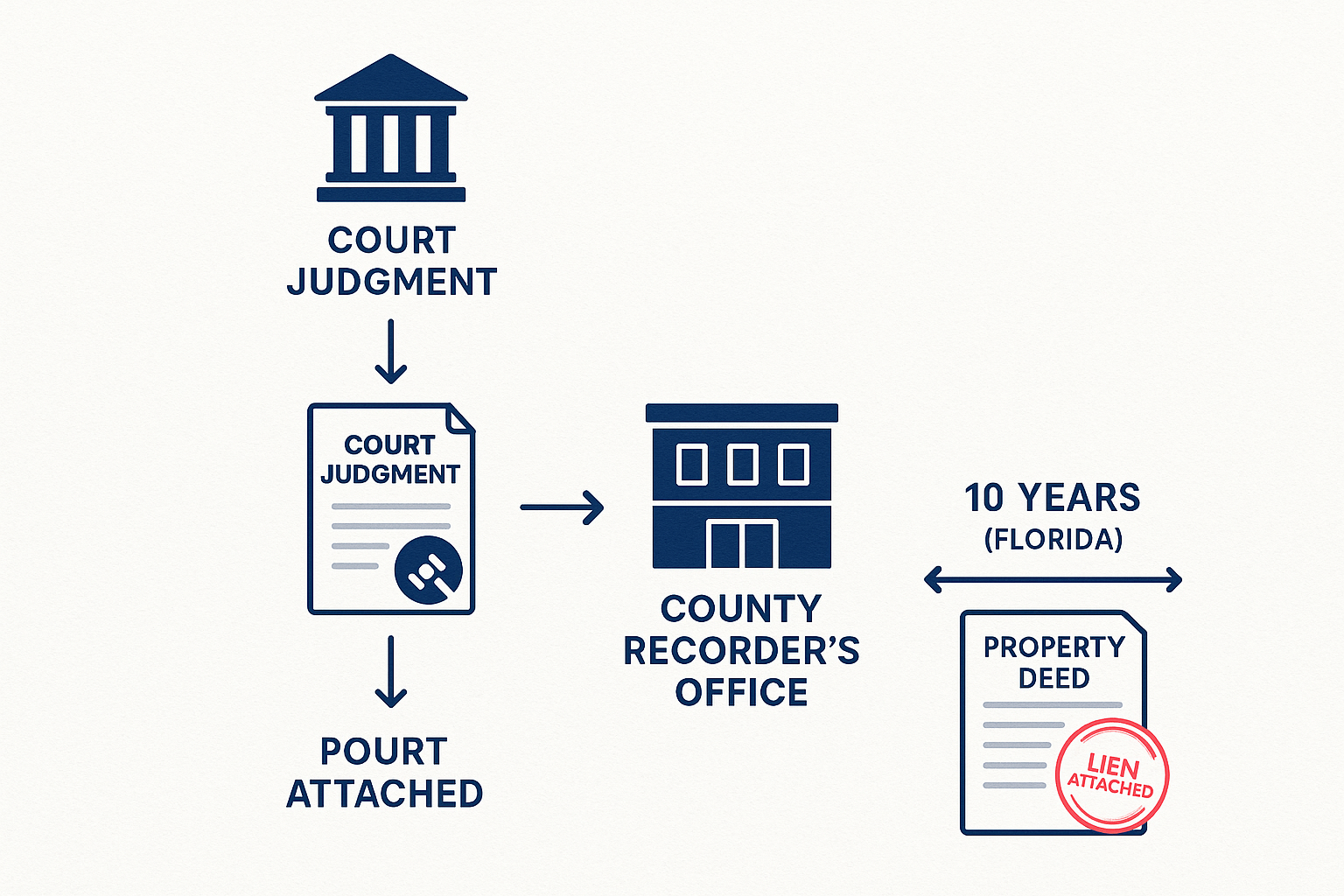 Detailed infographic illustration showing the judgment lien creation process as a flowchart (1536x1024 landscape). Visual elements include: 