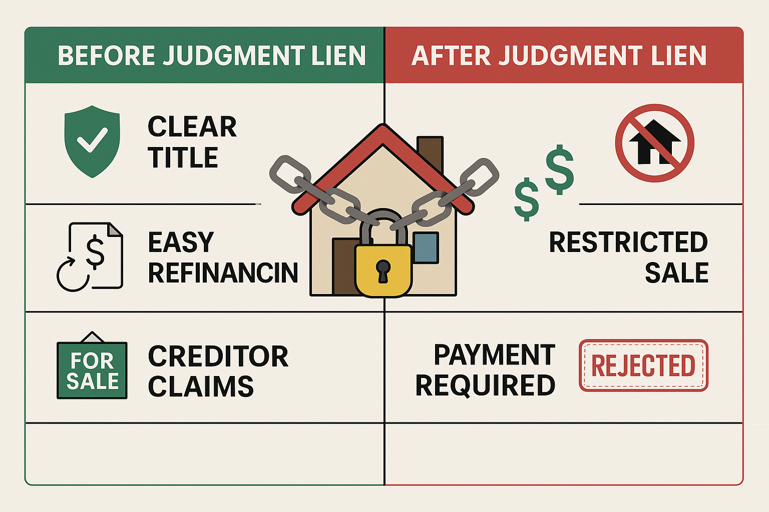 Comprehensive comparison table visualization (1536x1024 landscape) showing judgment lien impact on property owners. Split-screen design: lef